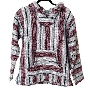 Gypsy Rose Baja Hoodie Gray/Red Striped Pullover Made in‎ Mexico Size Large EUC